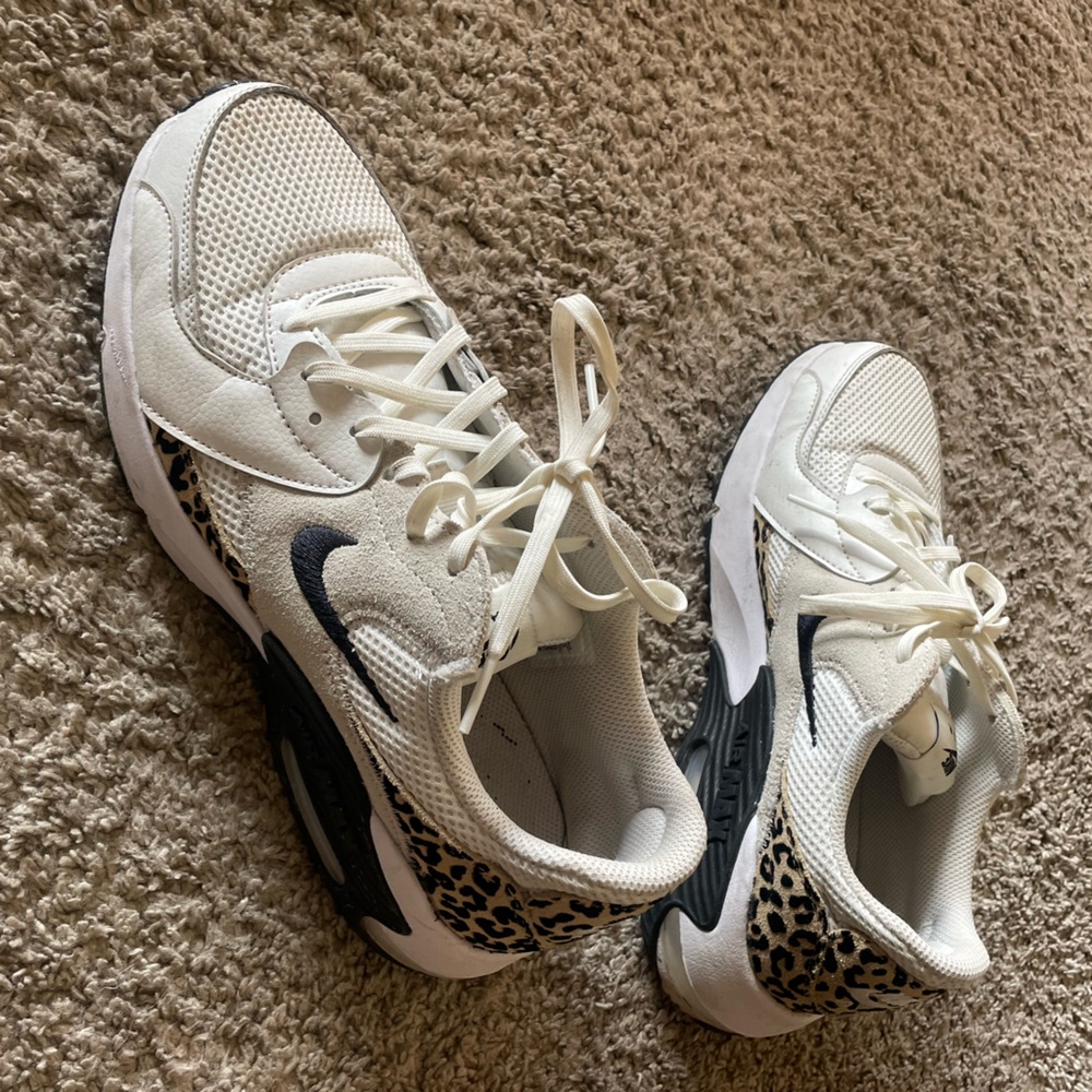 Nike Women's White and Black Sneakers with Leopard Detail
